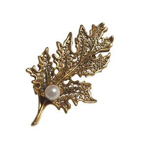 Gold Tone Leaf Brooch Faux Pearl Pin Fall Vintage Jewelry Mom Nature Gift